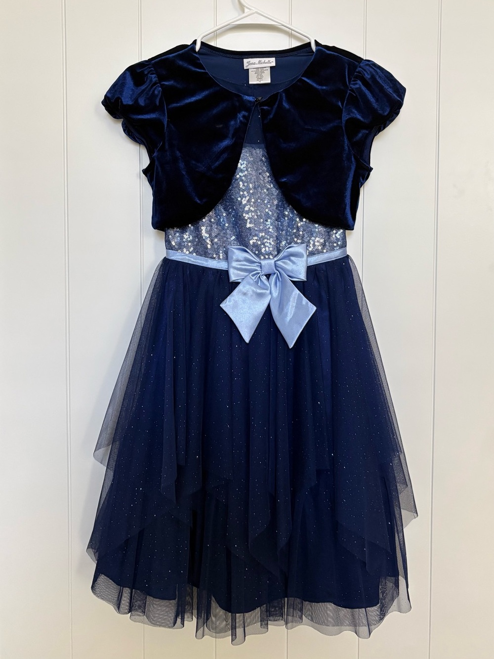 Jona Michelle Navy Sparkle Tulle Dress with Velvet Bolero